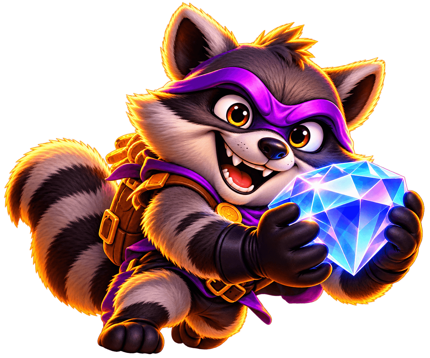 A masked raccoon bandit holding a glowing diamond